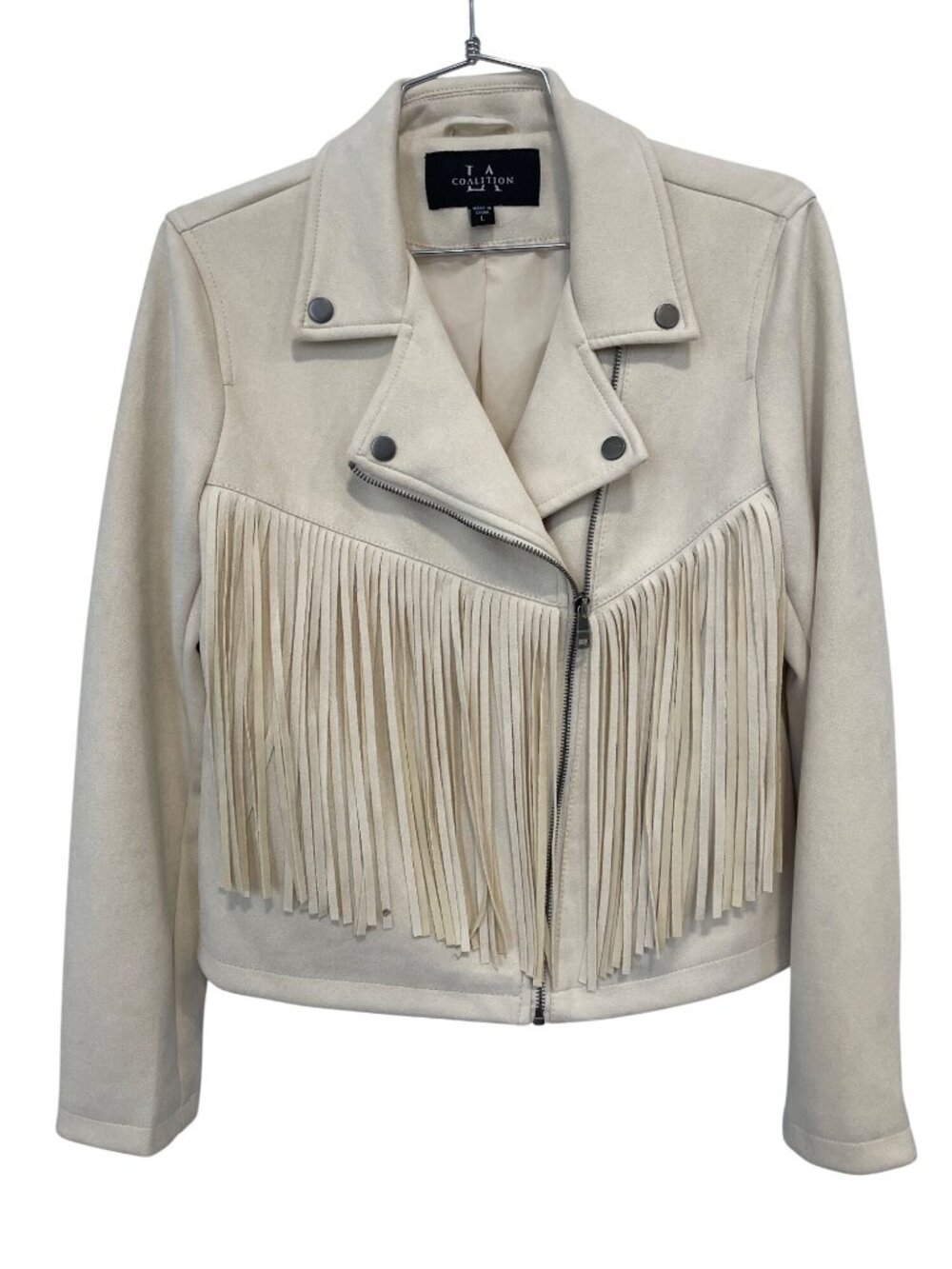 TA Coalition Moto Jacket Large Faux Suede Fringe Long Sleeve Zip Front Cowgirl